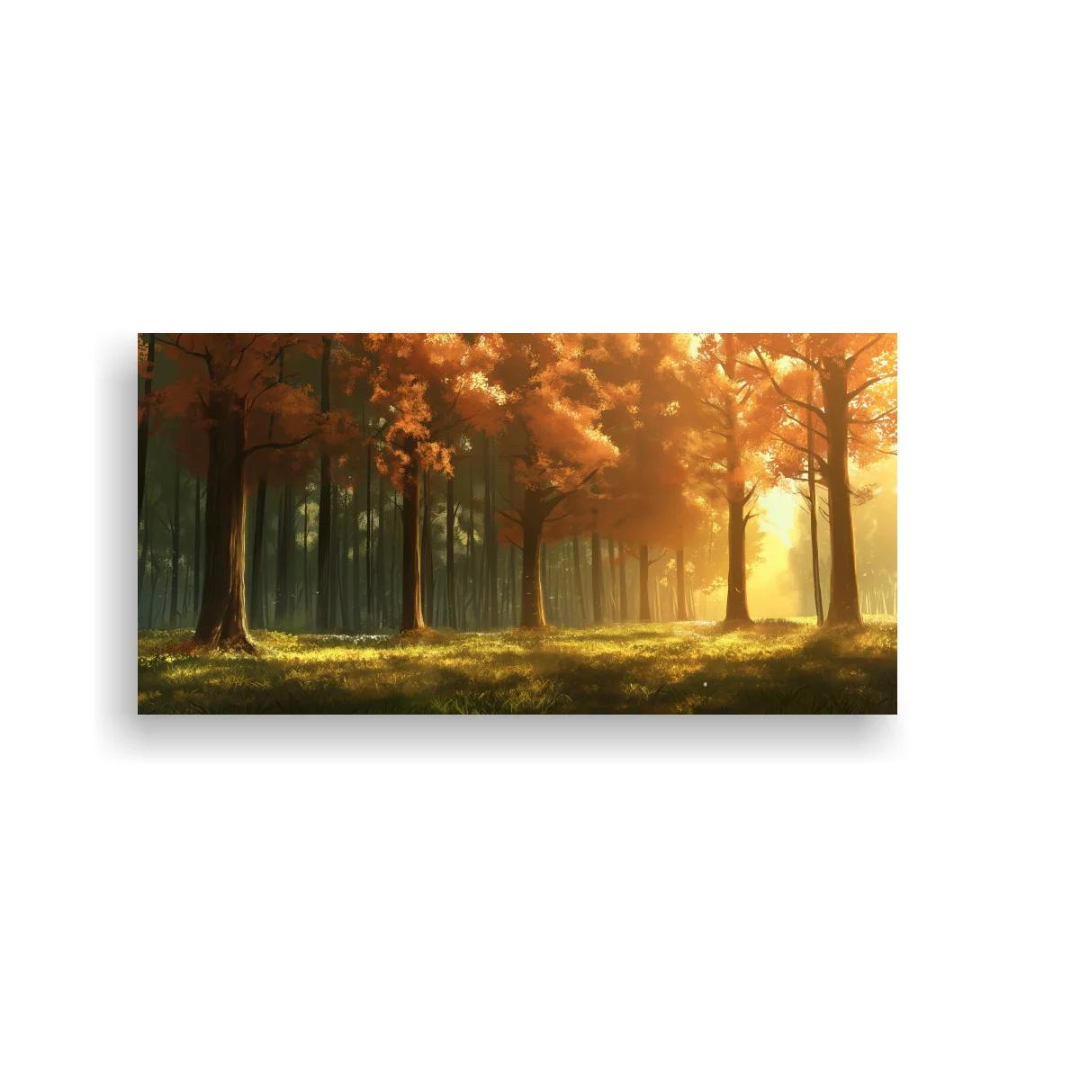 Cuadro bosque otoñal con luz cálida y sombras largas