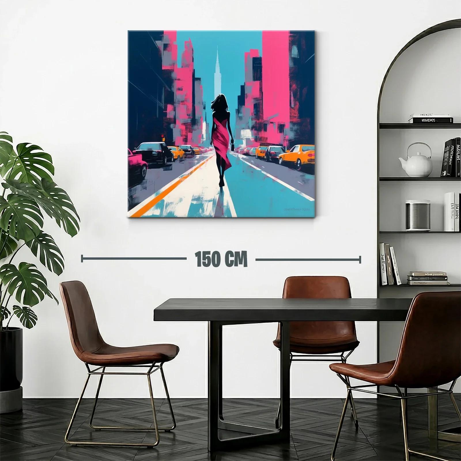 Mujer en vestido fucsia caminando por ciudad vibrante — miniatura 2