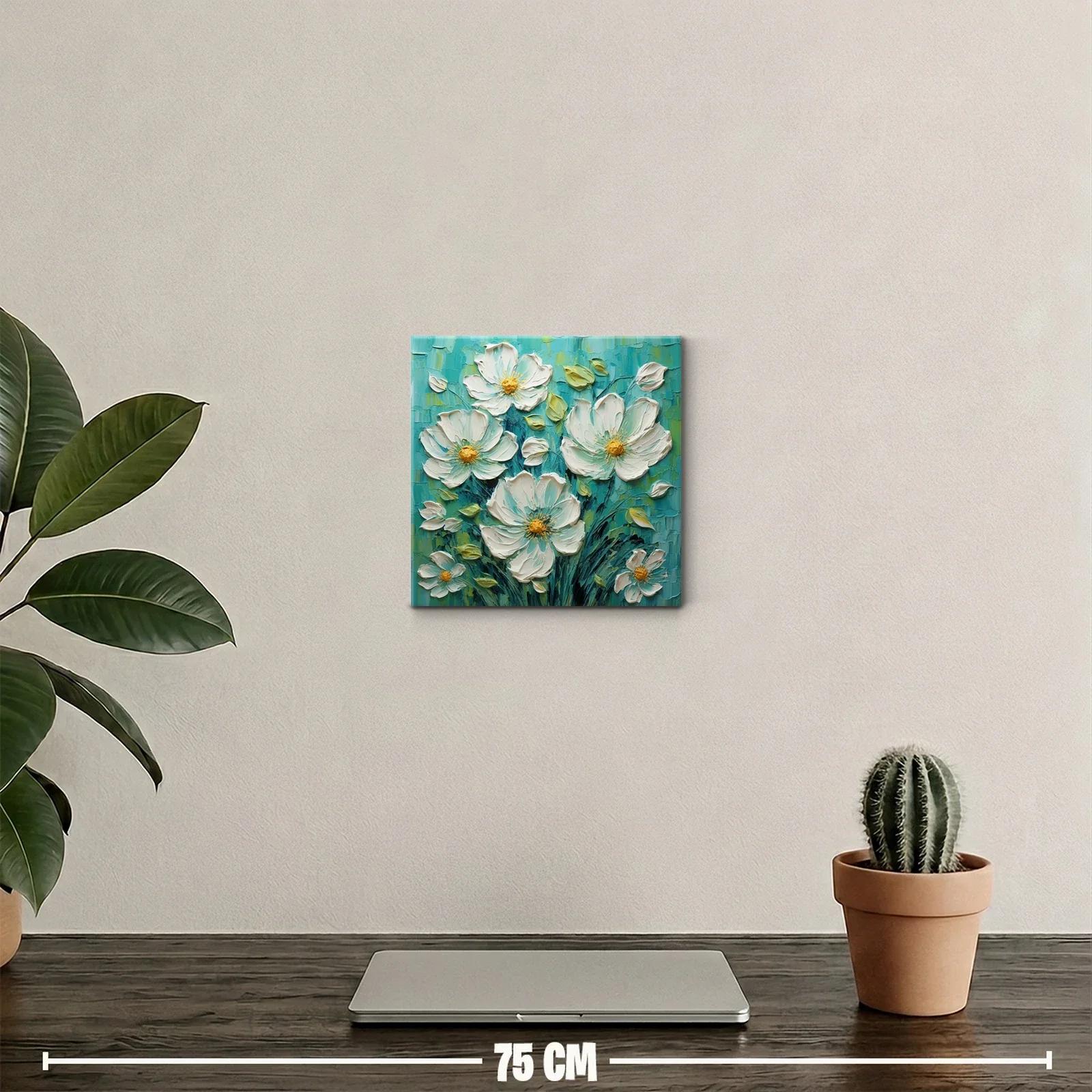 Cuadro floral con flores blancas sobre fondo turquesa — miniatura 2