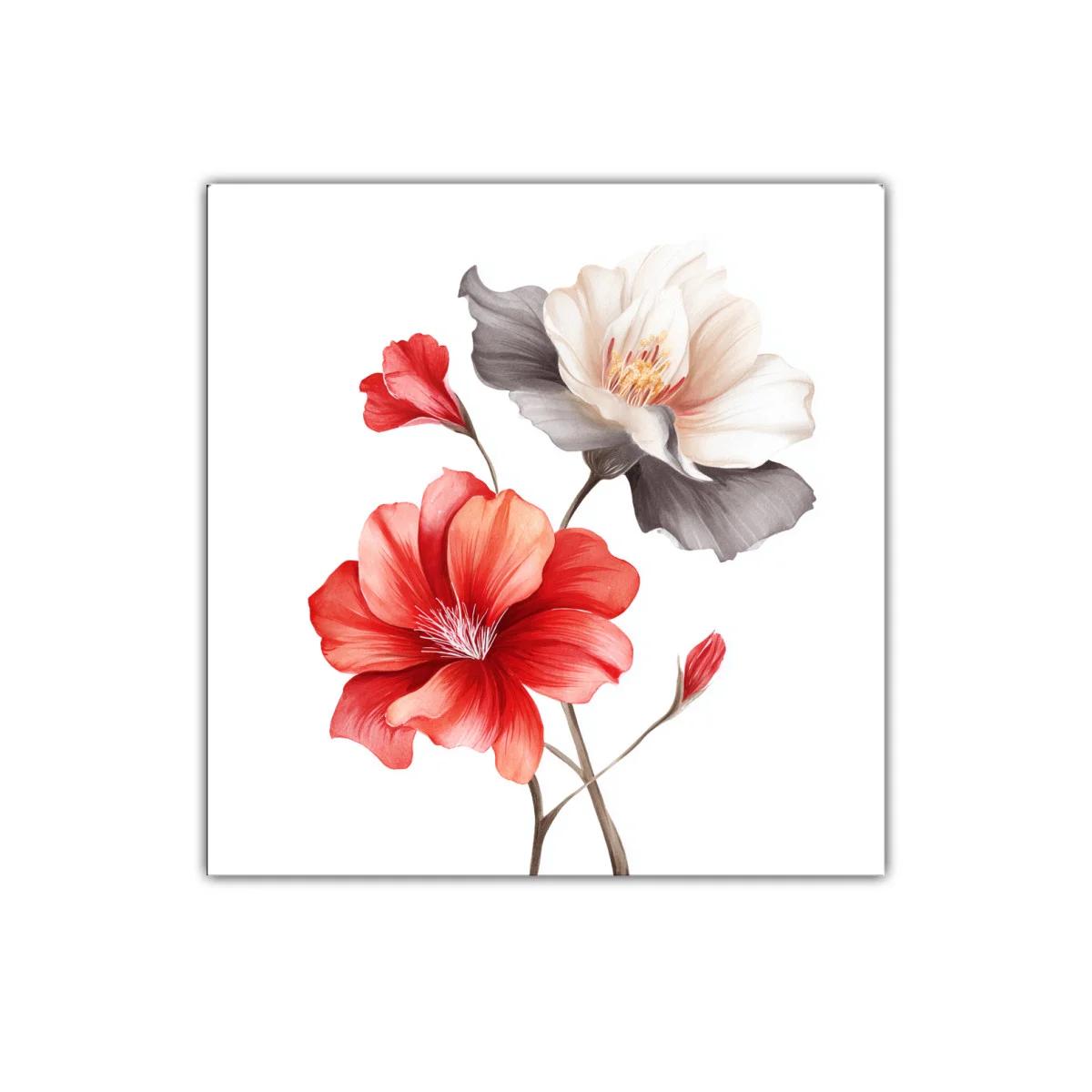 Cuadro decorativo con flores rojas y blancas delicadas
