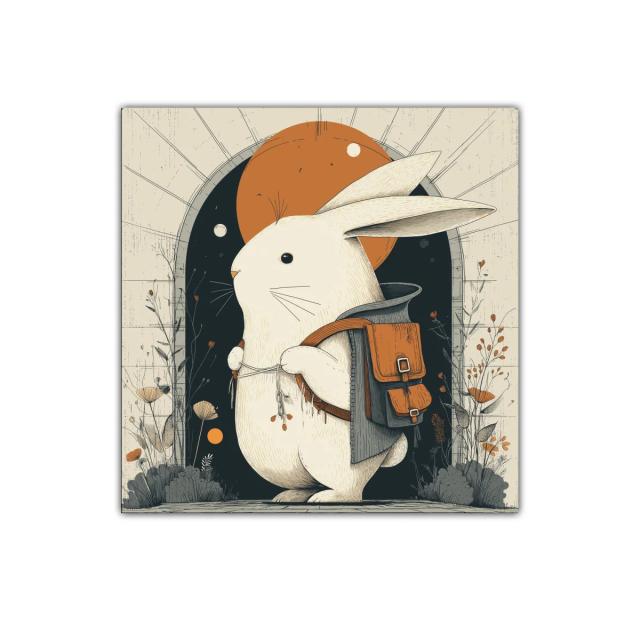 Conejo aventurero con mochila en tonos cálidos y neutros