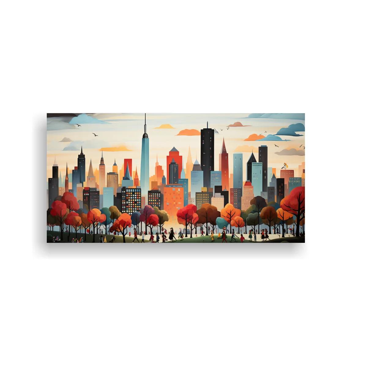 Cuadro skyline urbano con sendero y árboles otoñales