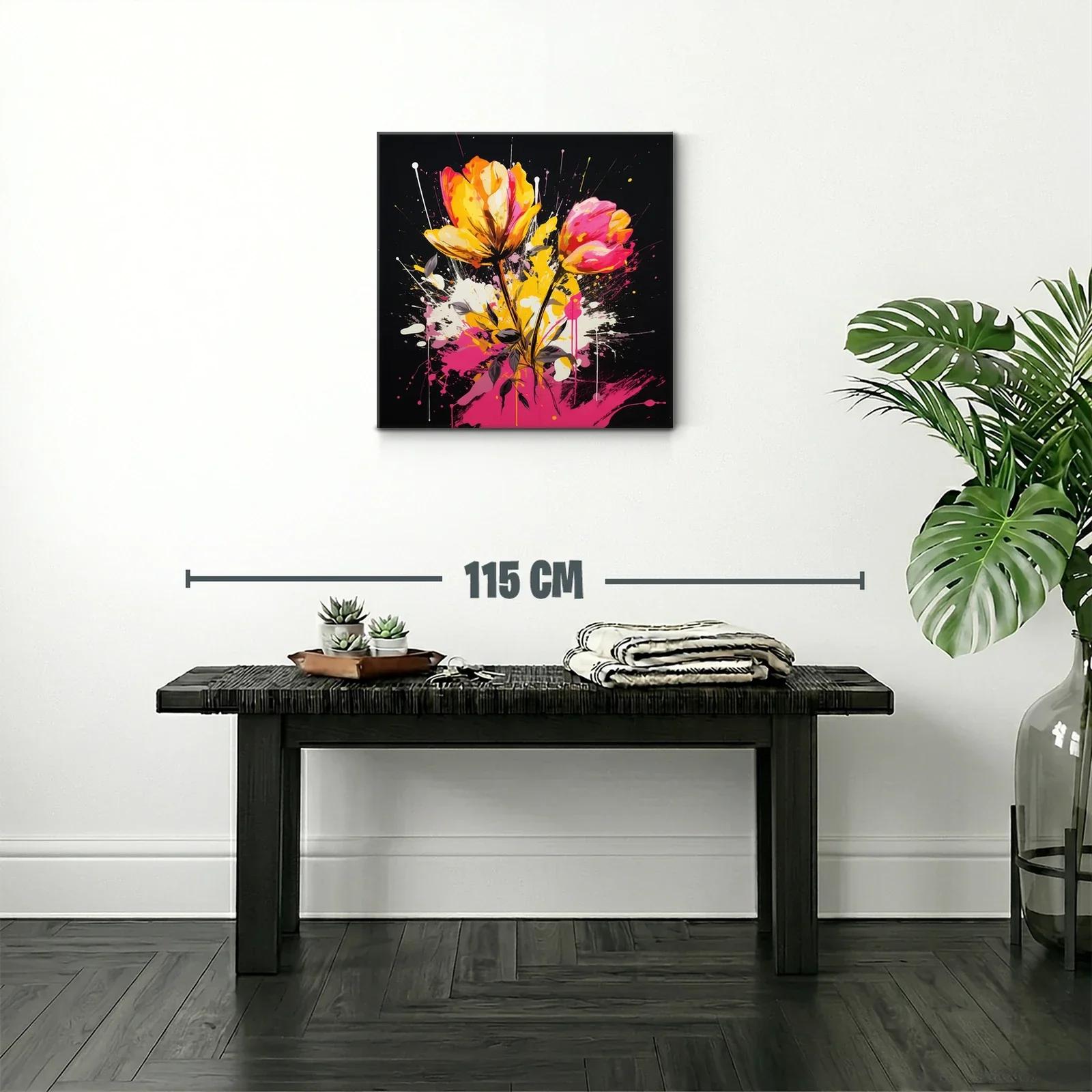 Cuadro floral vibrante con tonos rosas y amarillos intensos — miniatura 2