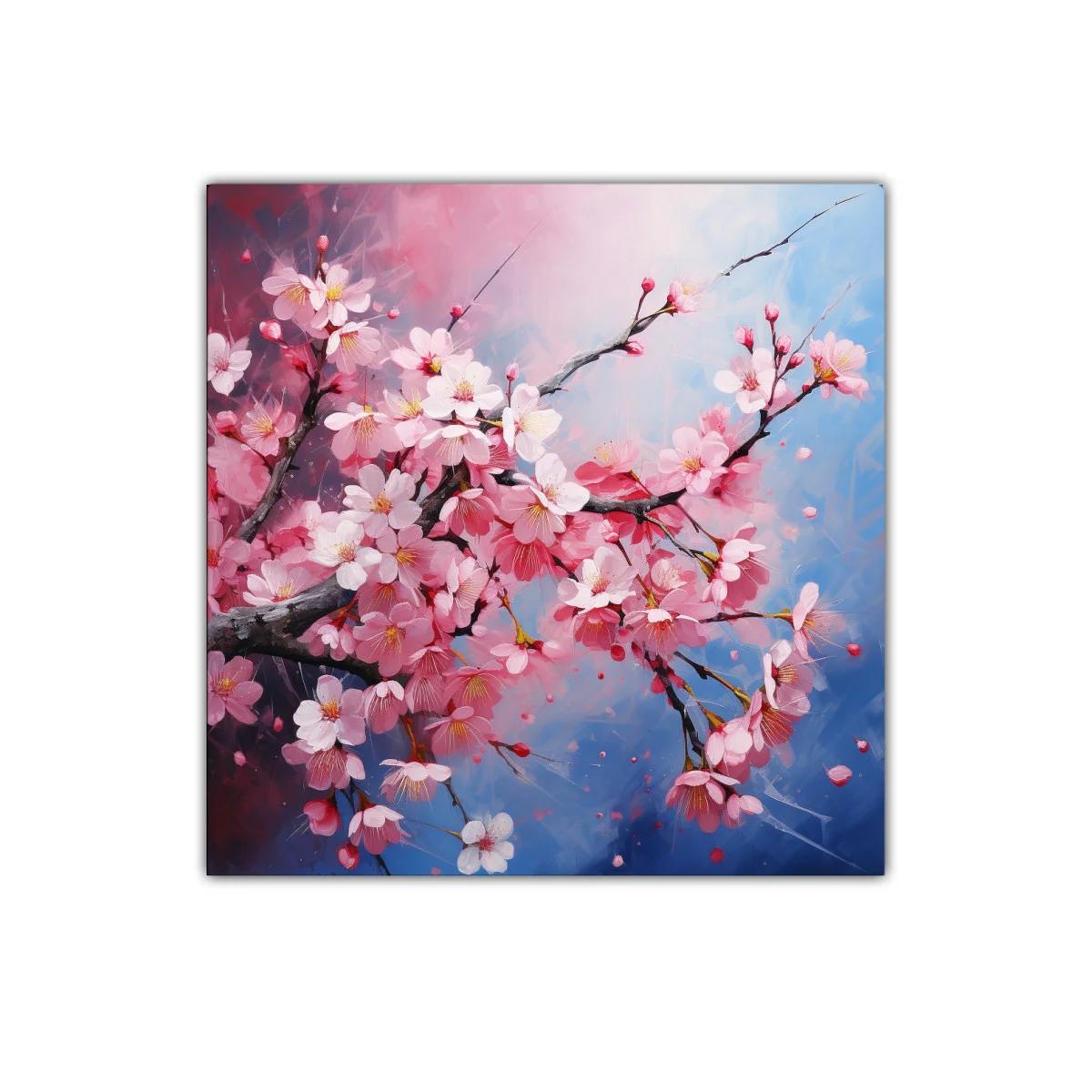 Rama de flores de cerezo en tonos rosa y azul