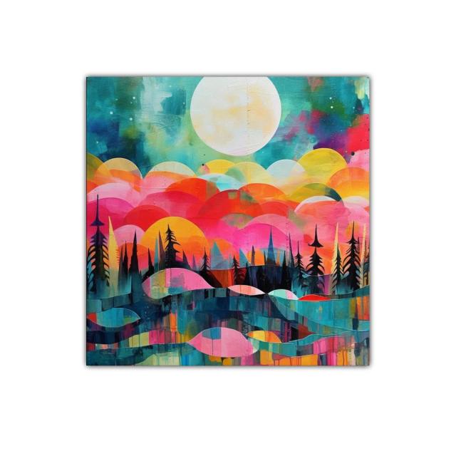 Paisaje abstracto con luna llena y árboles silueteados