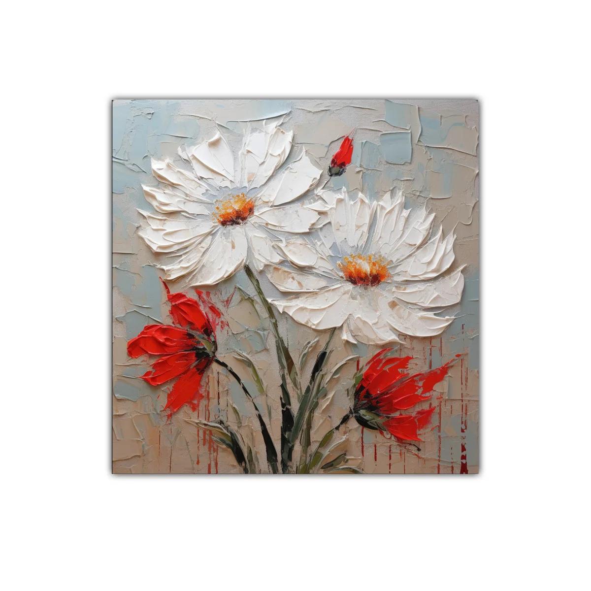 Cuadro floral en relieve con margaritas blancas y acentos rojos — imagen principal