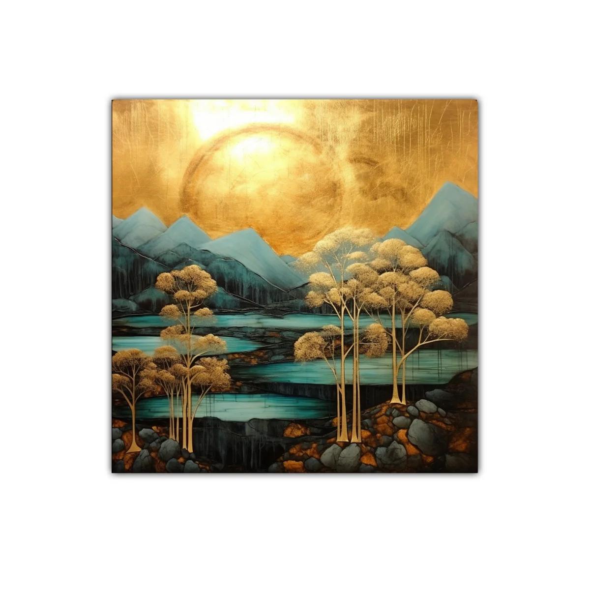 Paisaje estilizado con árboles dorados y montañas azules — miniatura 1