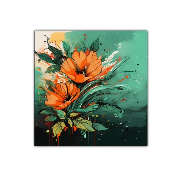Cuadro decorativo con flores vibrantes en tonos naranja y verde