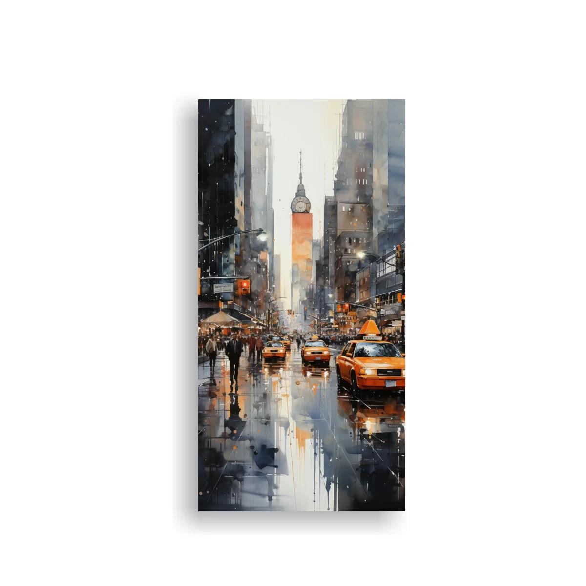 Cuadro calle urbana con taxis amarillos y torre con reloj