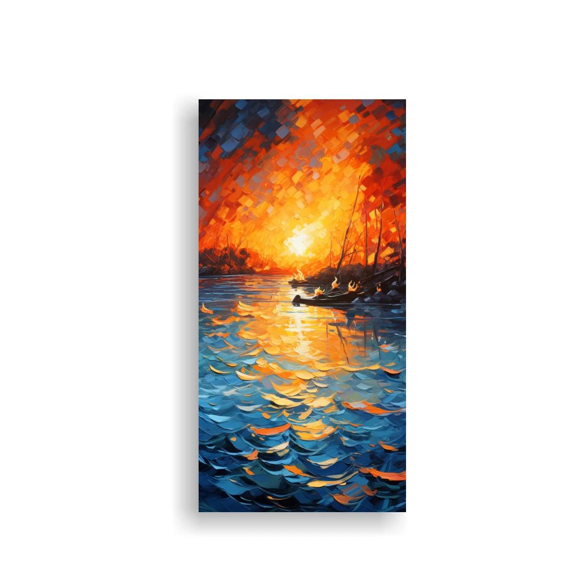 Cuadro velero al atardecer con cielo naranja y reflejos dorados — imagen principal