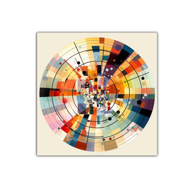 Cuadro abstracto circular con tonos cálidos y fríos modernos