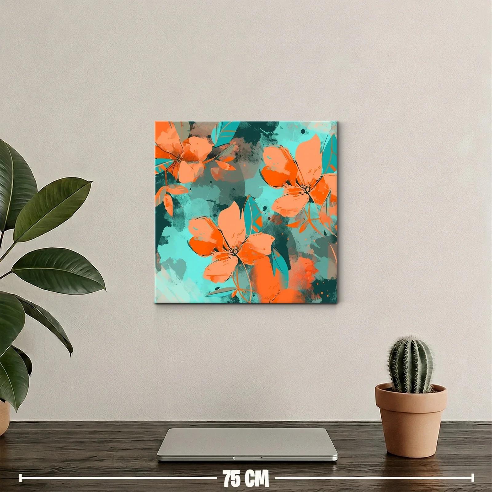 Cuadro moderno con flores vibrantes en tonos naranjas y turquesas — miniatura 2