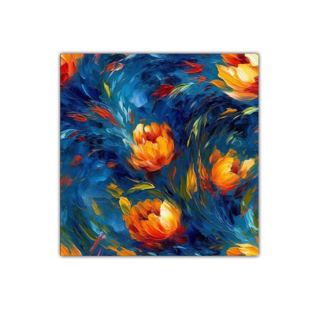 Cuadro vibrante con flores cálidas sobre fondo azul intenso