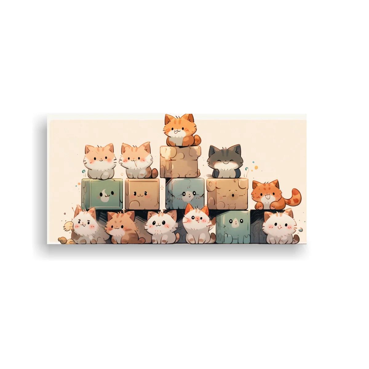 Cuadro gatitos naranjas y grises sobre cubos pastel