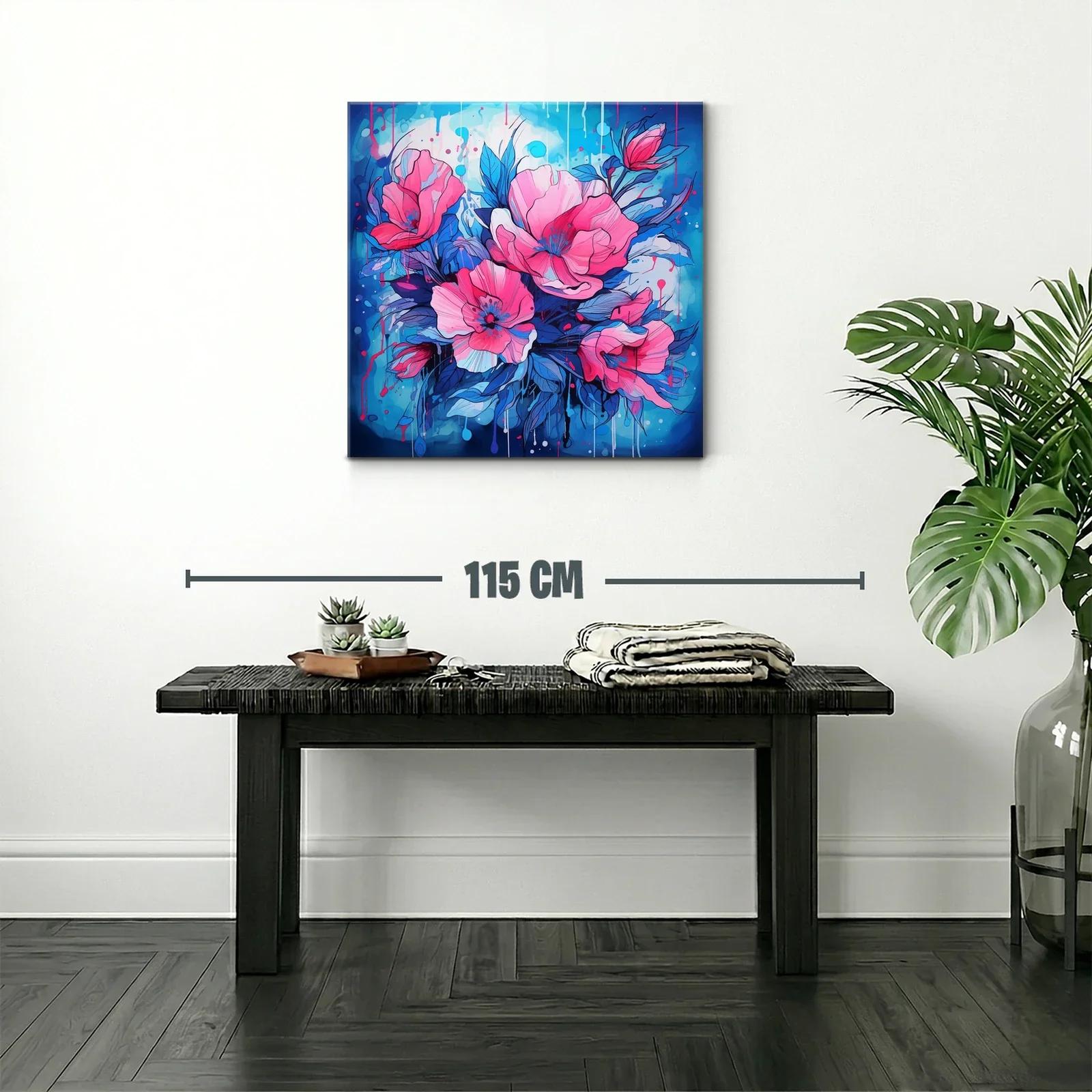 Cuadro vibrante con flores rosas y azul eléctrico — miniatura 2