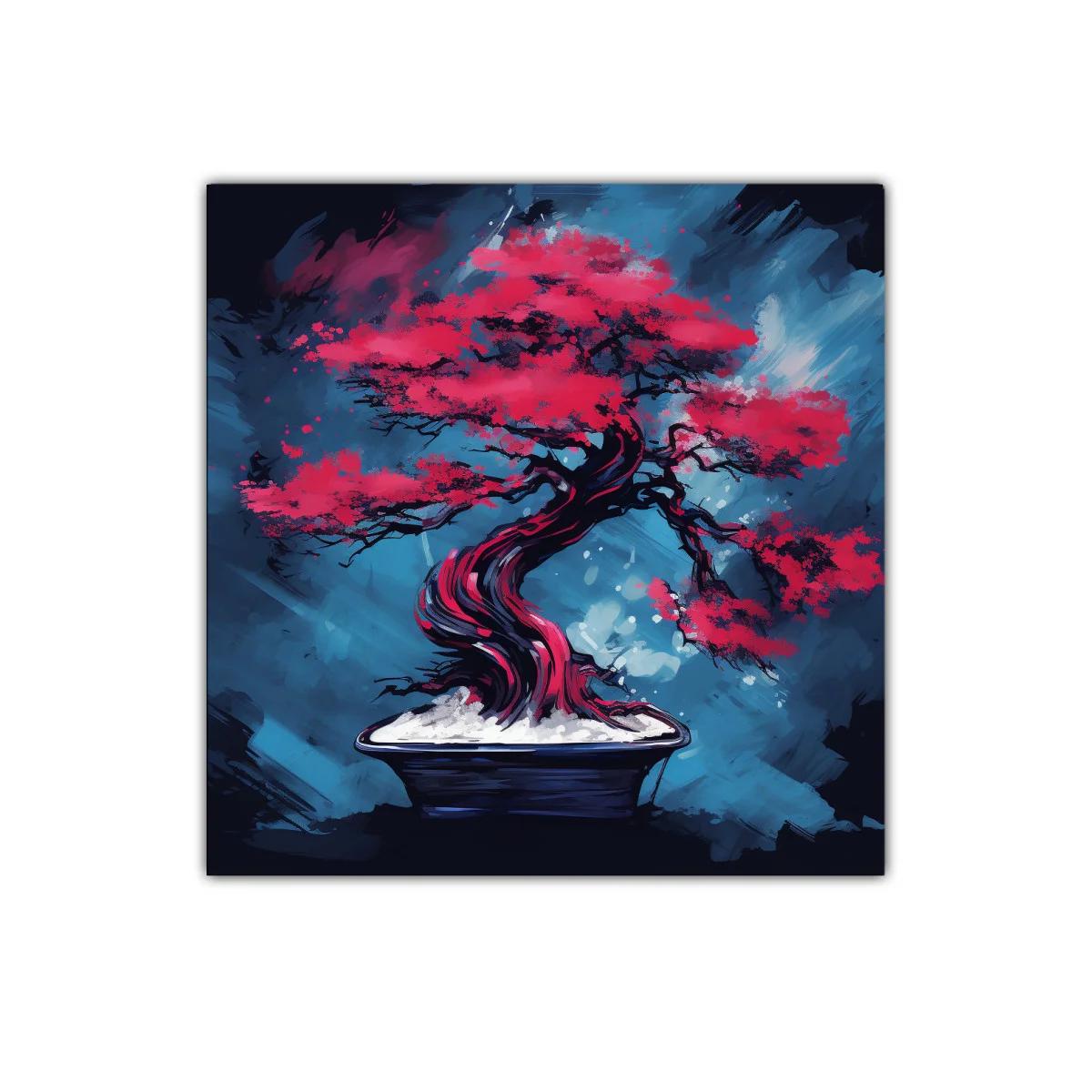 Árbol bonsái rojo intenso sobre fondo azul vibrante — miniatura 1