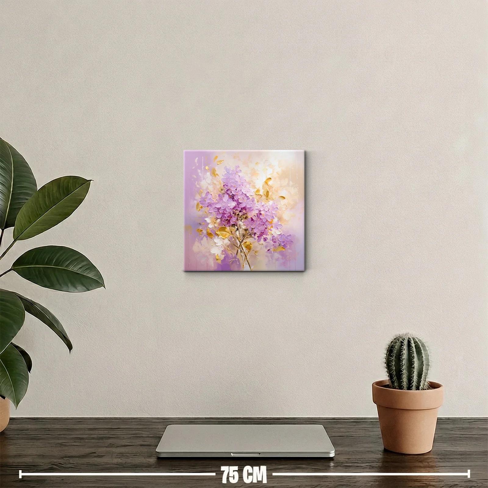 Cuadro decorativo ramo floral en tonos lila y dorado — miniatura 2
