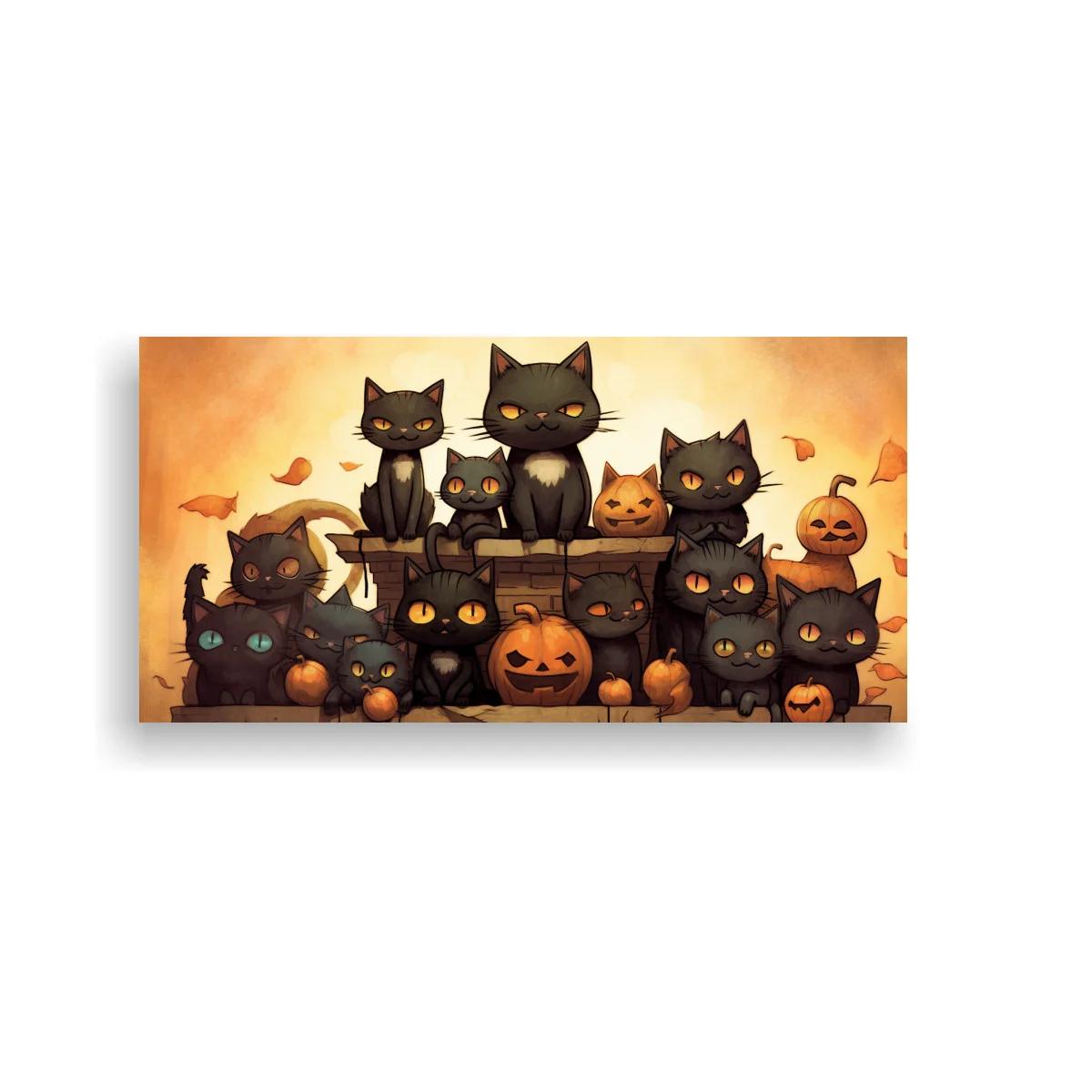 Cuadro grupo de gatos negros con calabazas de Halloween — imagen principal