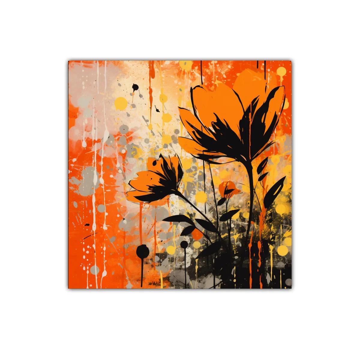 Cuadro floral con vibrante contraste en tonos naranja y negro