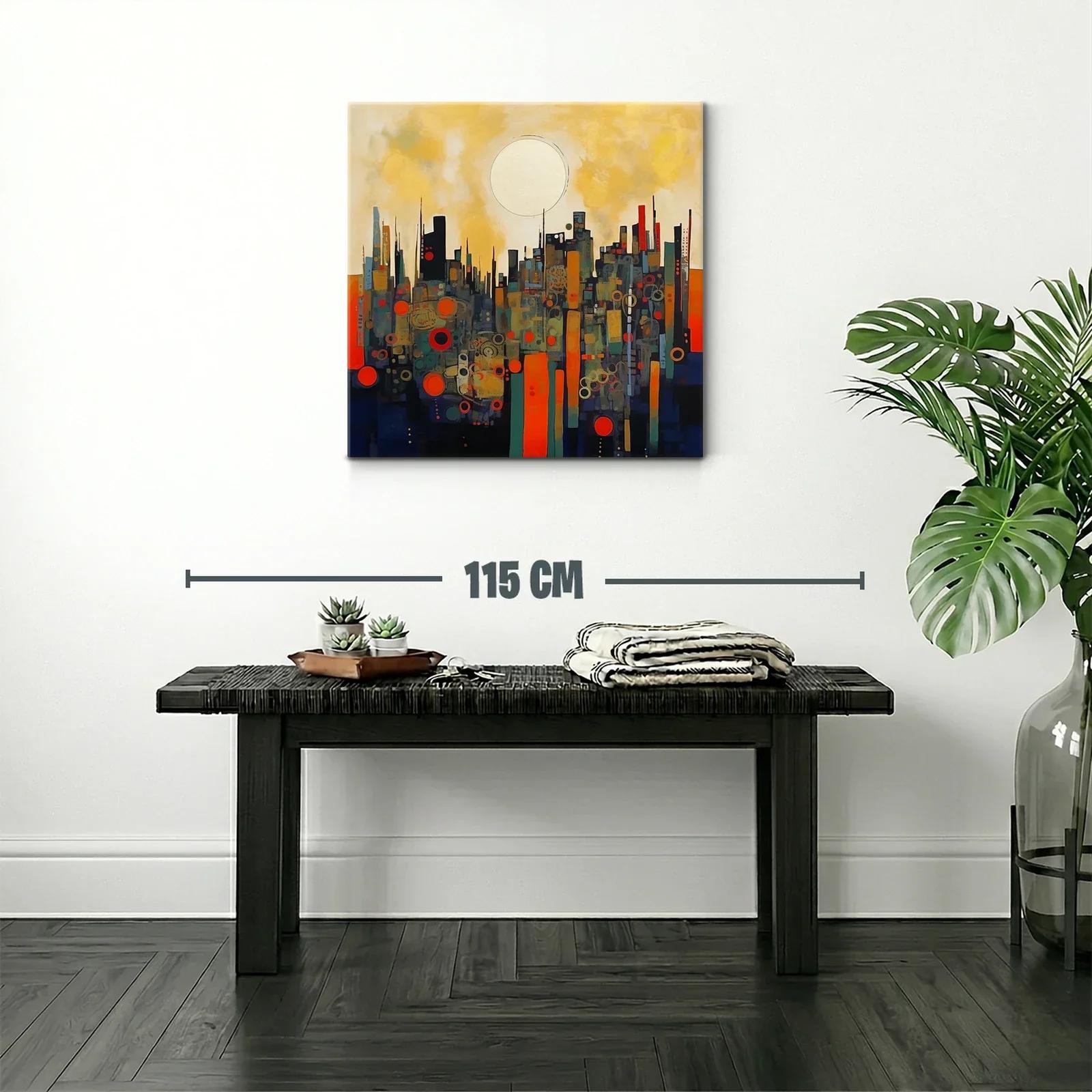 Cuadro abstracto paisaje urbano con círculo dorado — miniatura 2
