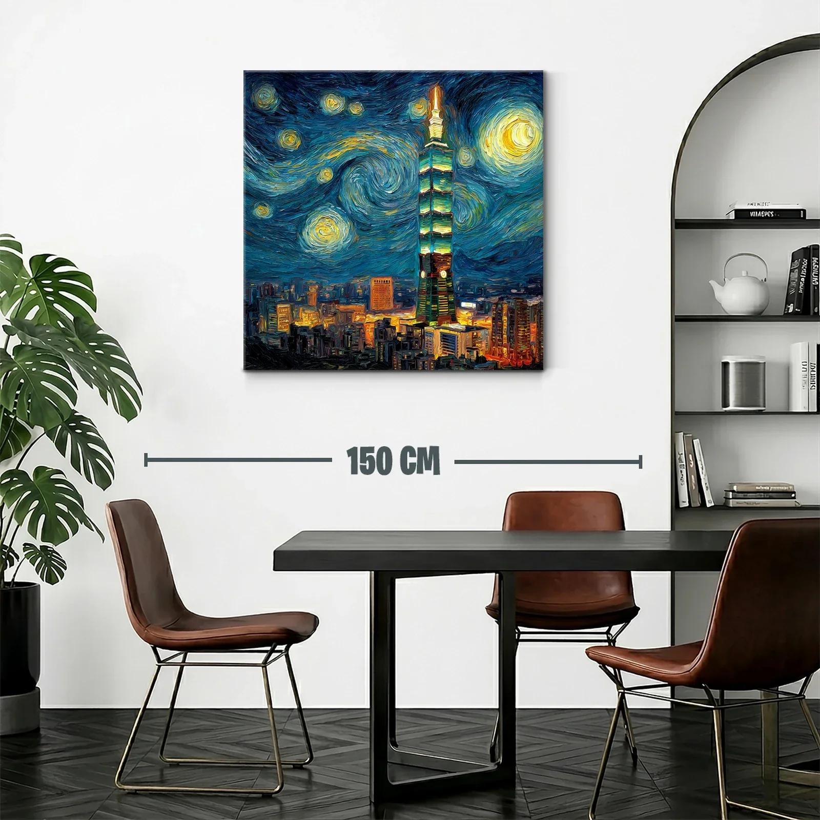 Ciudad nocturna vibrante con torre iluminada al estilo Van Gogh — miniatura 2