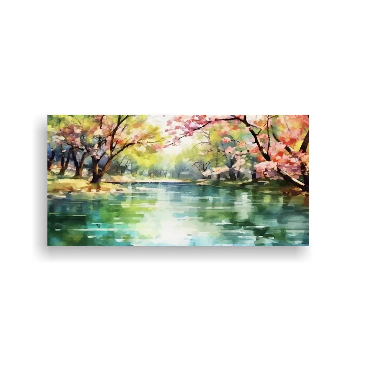Cuadro lago entre árboles en flor
