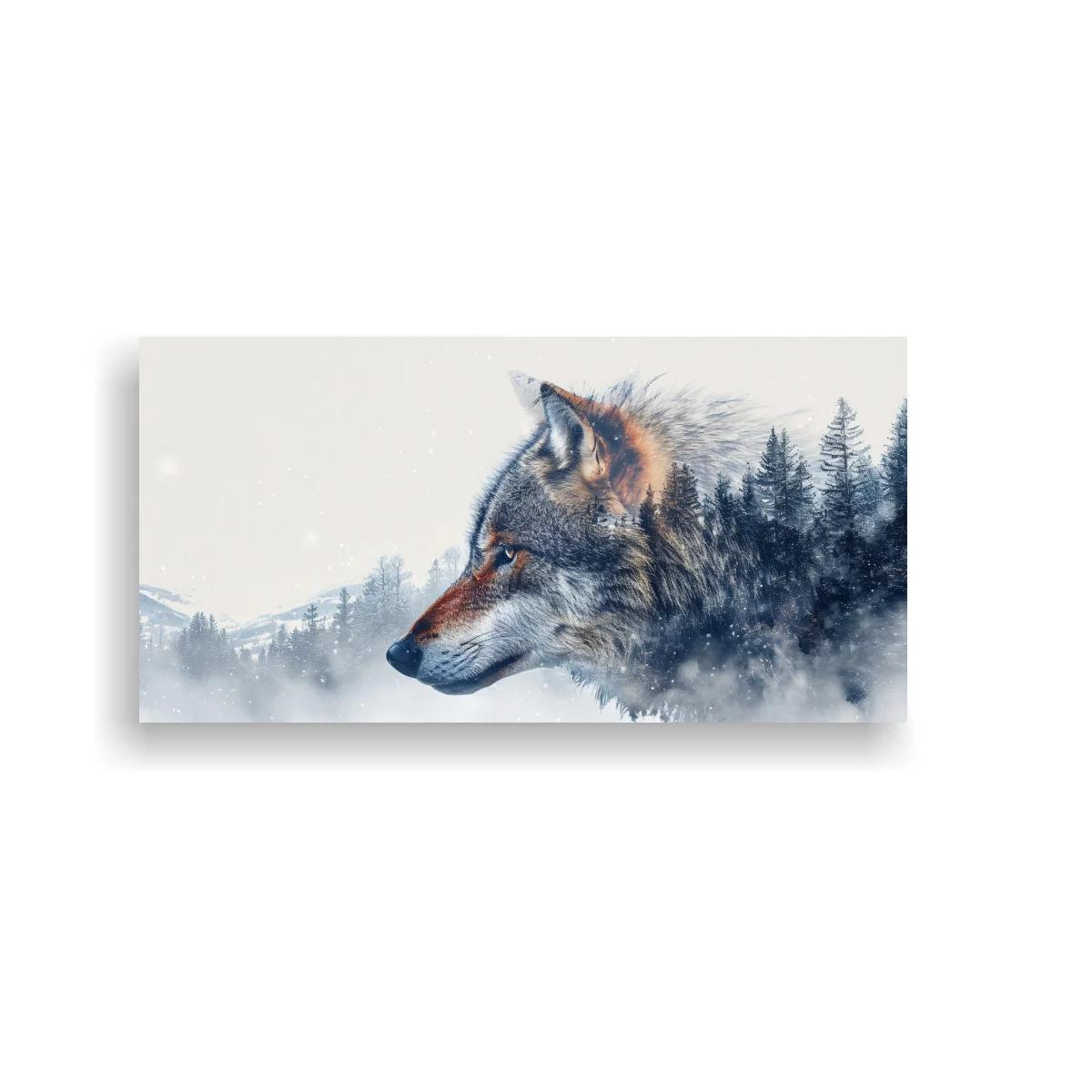 Cuadro lobo en perfil con bosque brumoso y montañas