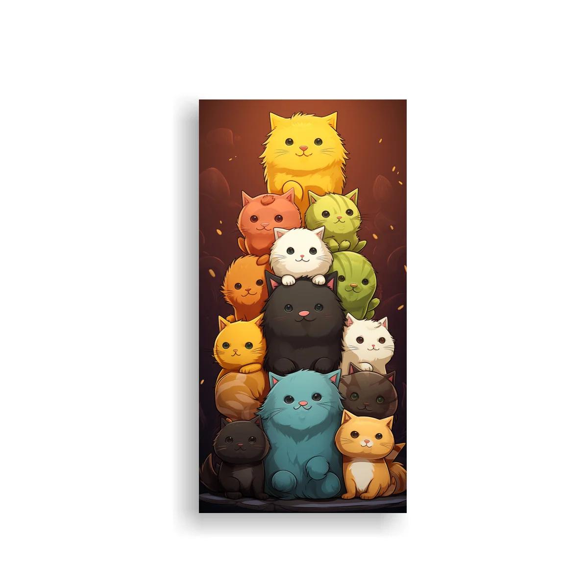 Cuadro torre de gatos kawaii con brillo dorado