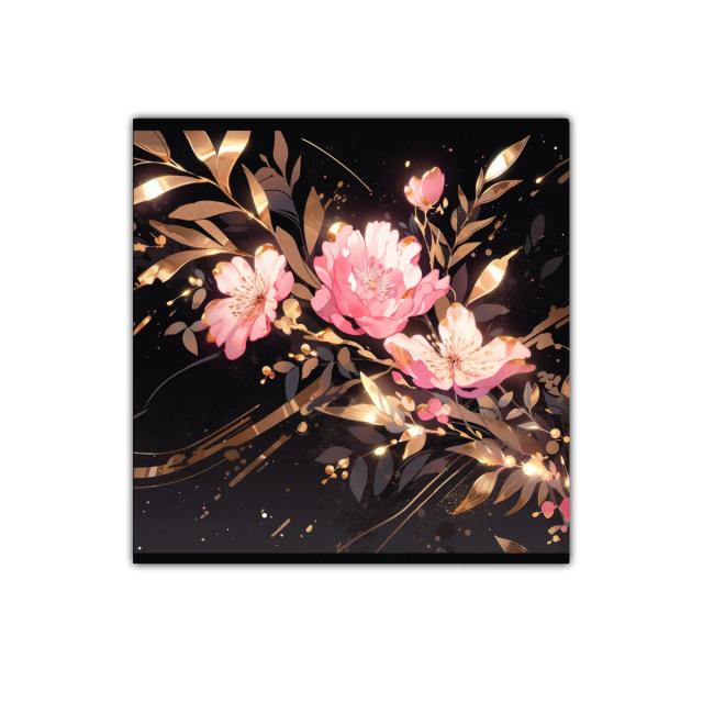 Flores rosas con detalles dorados sobre fondo oscuro