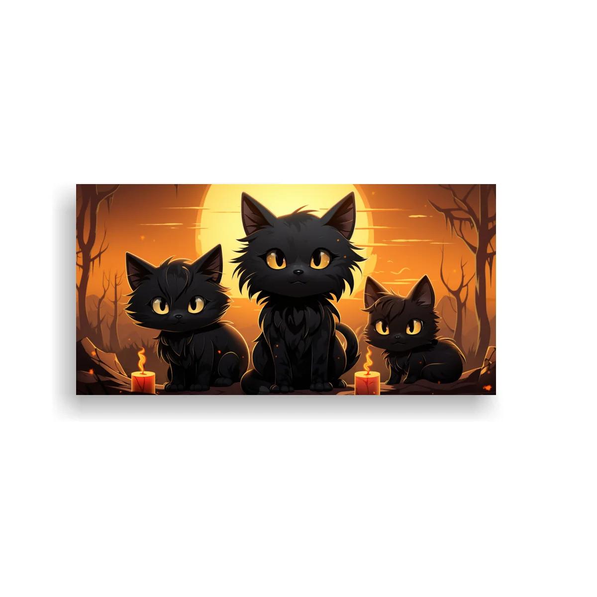 Cuadro tres gatos negros con velas y resplandor cálido