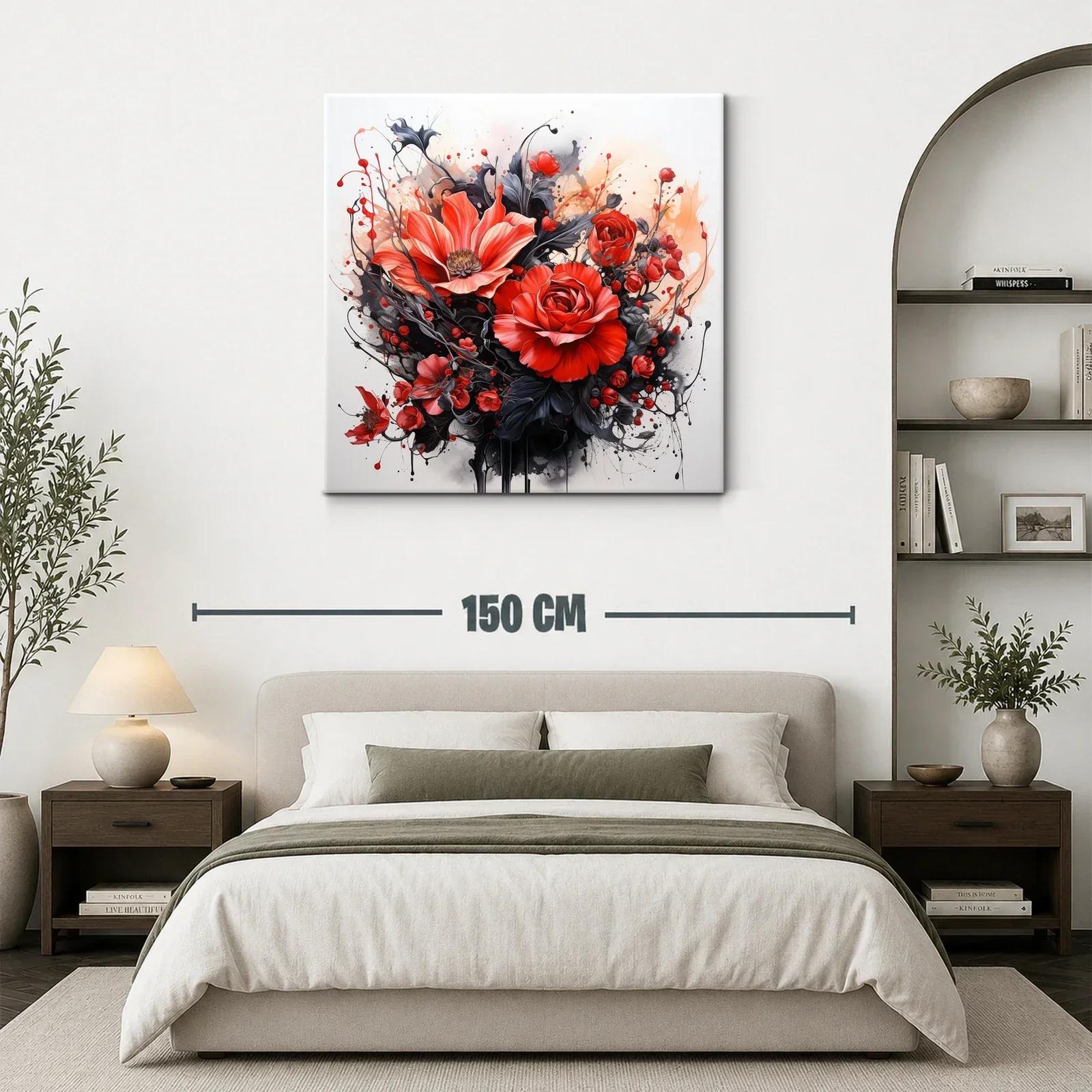 Cuadro floral en rojo y negro con detalles vibrantes — miniatura 3
