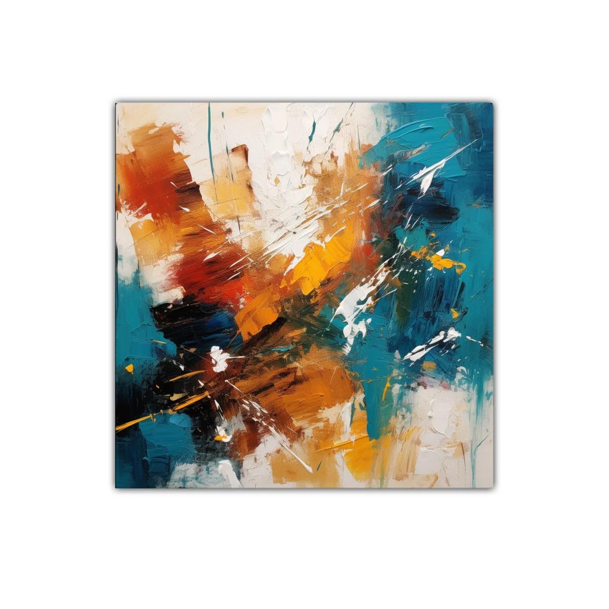 Cuadro abstracto con tonos cálidos y azul turquesa vibrante