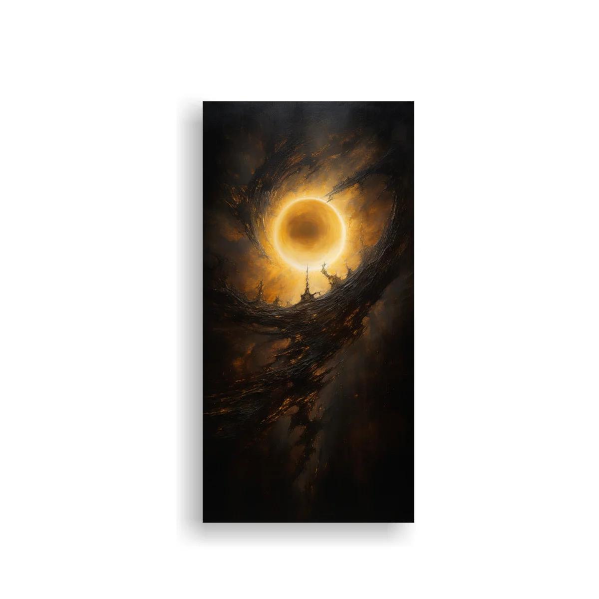 Cuadro eclipse solar con anillo dorado y cielo turbulento — imagen principal
