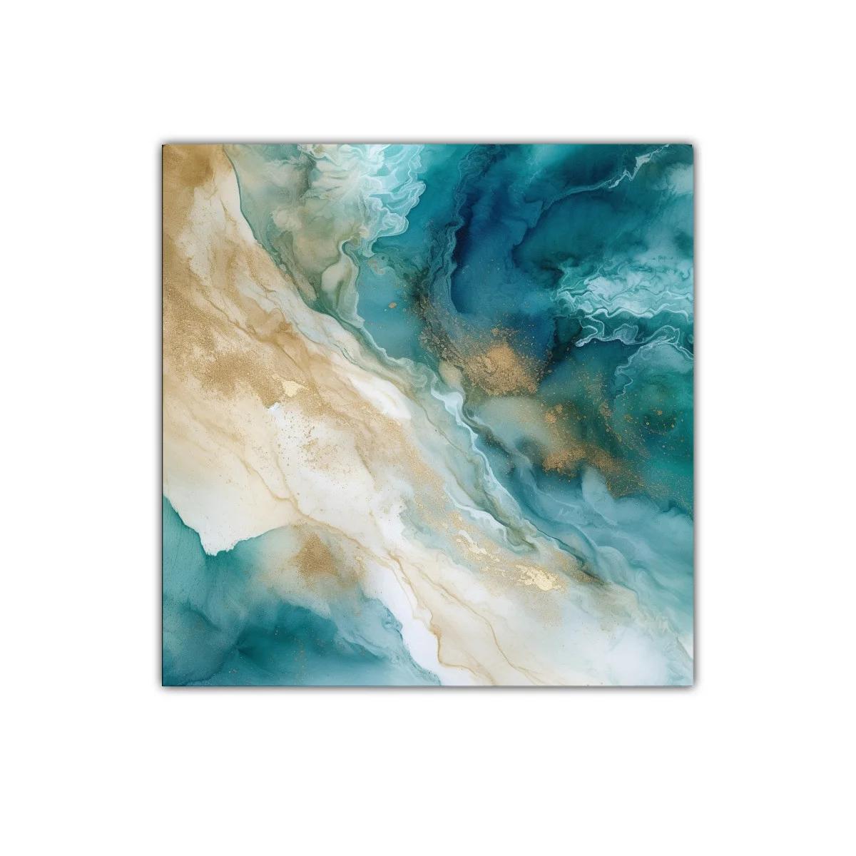 Cuadro abstracto con tonos turquesa y dorados elegantes