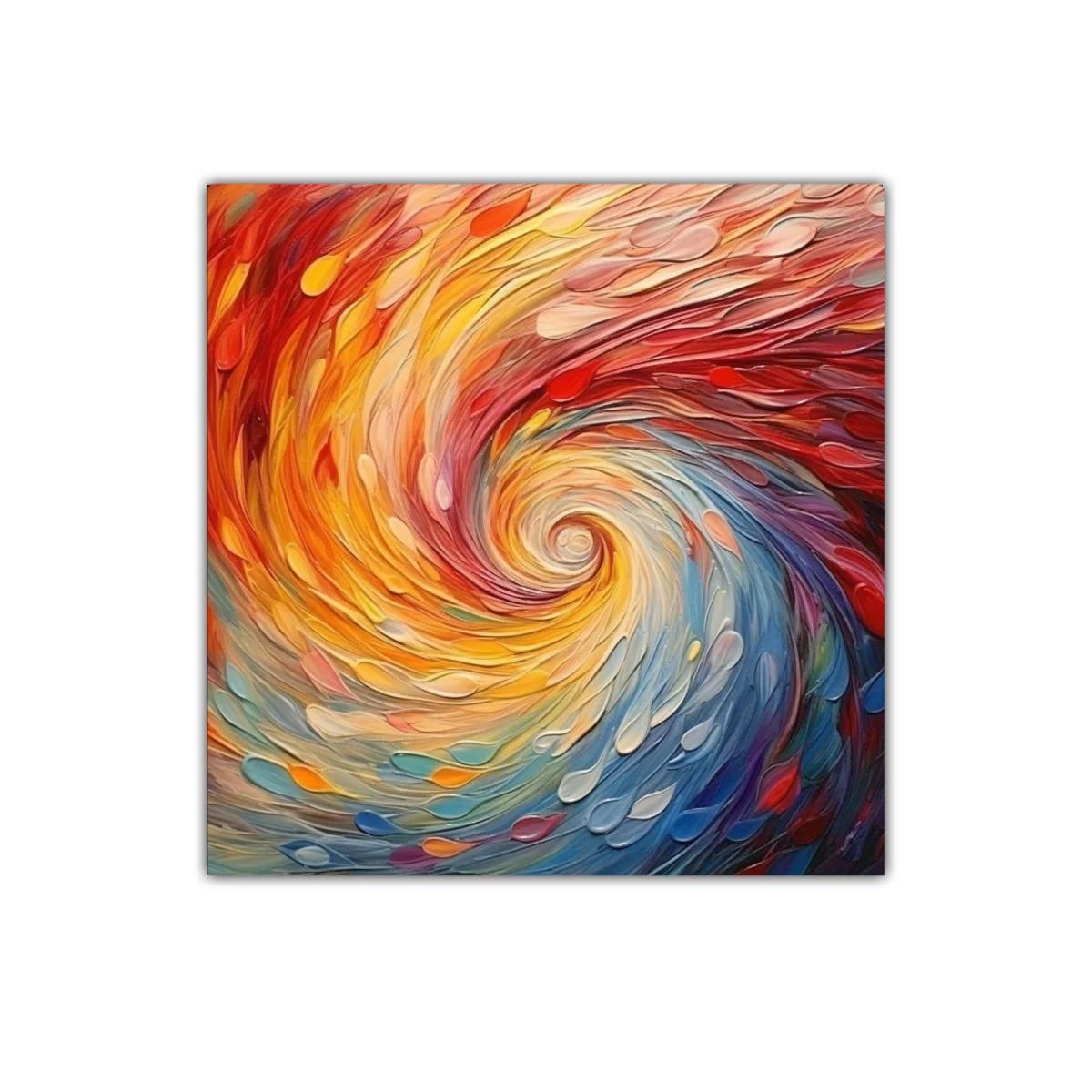 Cuadro abstracto en espiral con vibrantes tonos cálidos y fríos