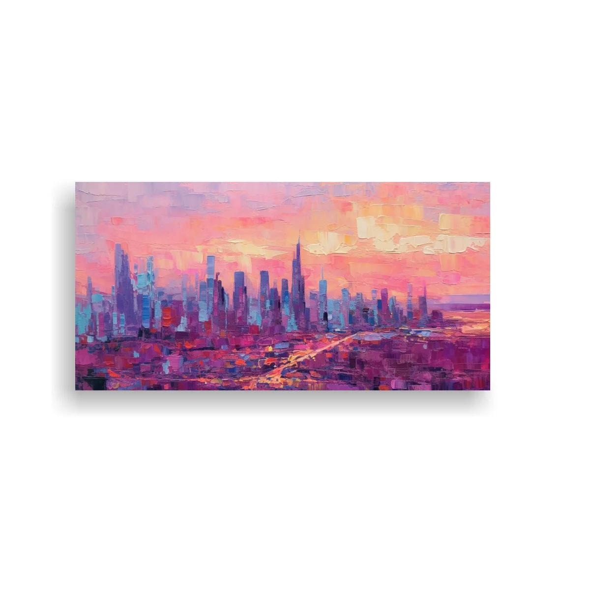 Cuadro skyline urbano al atardecer con cielo rosa y violeta