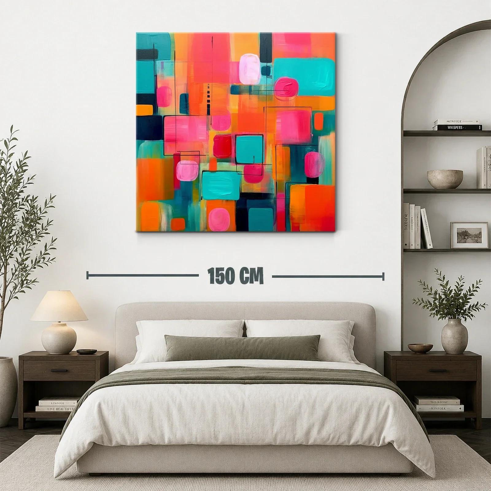 Cuadro abstracto vibrante tonos rosa turquesa y naranja — miniatura 3