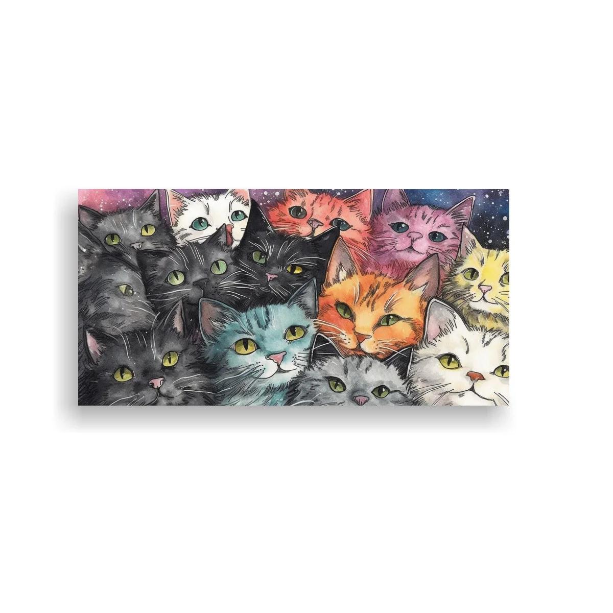 Cuadro grupo de gatos de colores con fondo estrellado