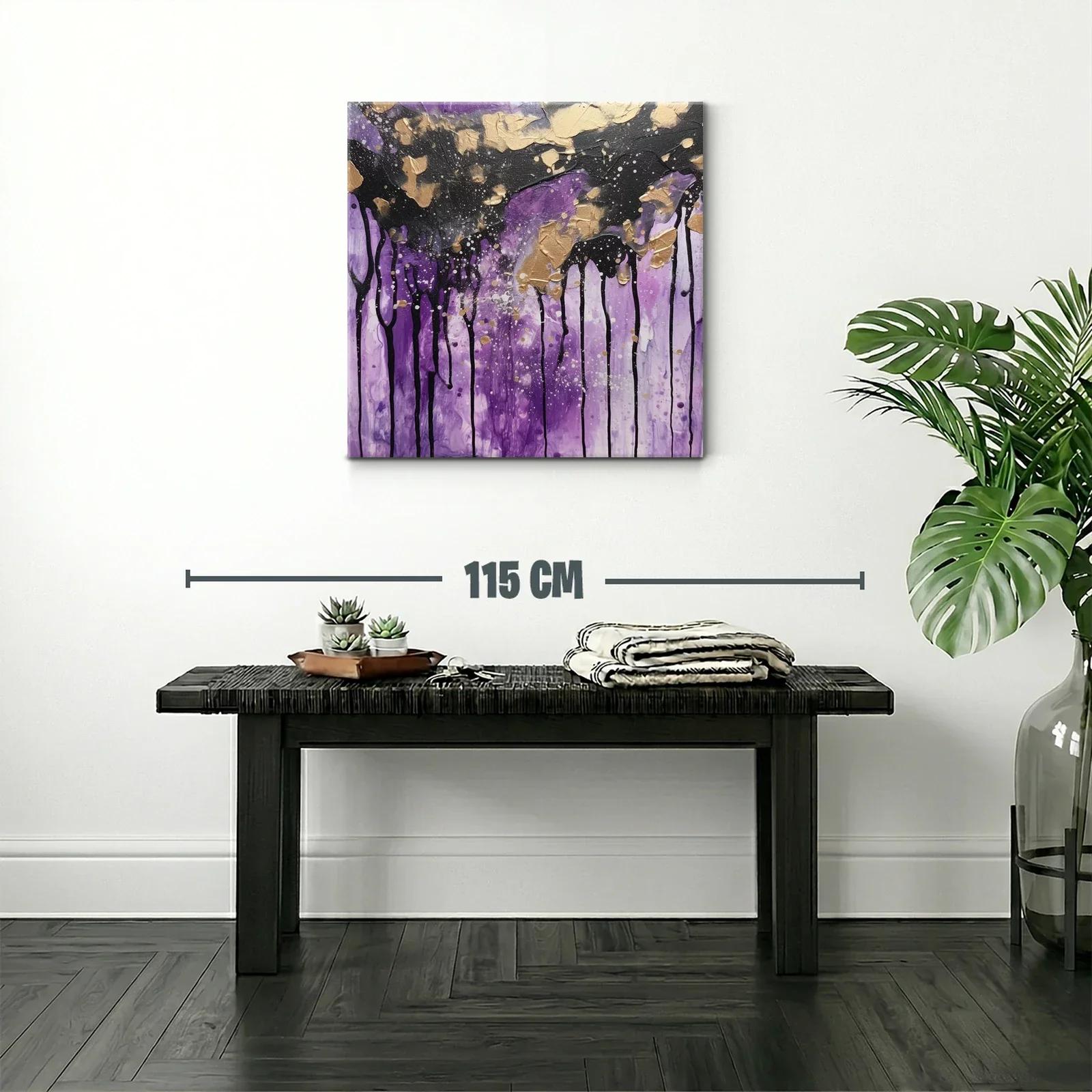 Cuadro abstracto con tonos violetas y detalles dorados — miniatura 2