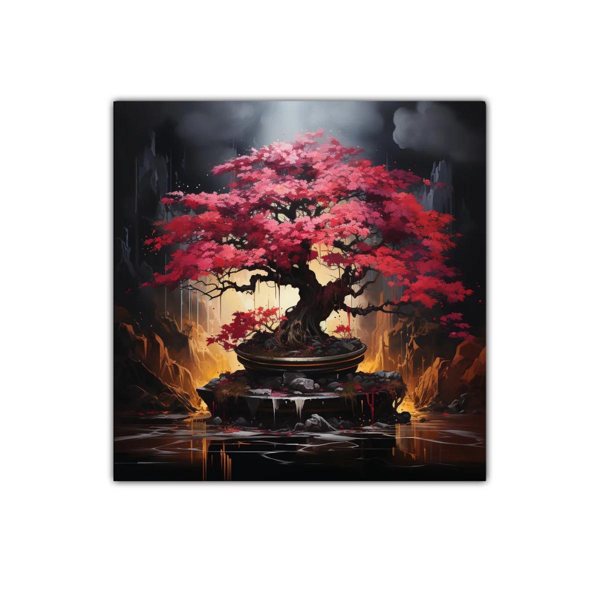 Árbol de hojas rojas en paisaje místico y oscuro