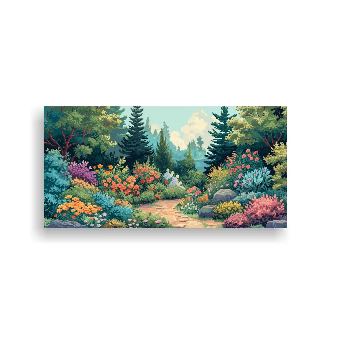 Cuadro sendero de jardín con flores rosas naranjas amarillas y lilas — imagen principal
