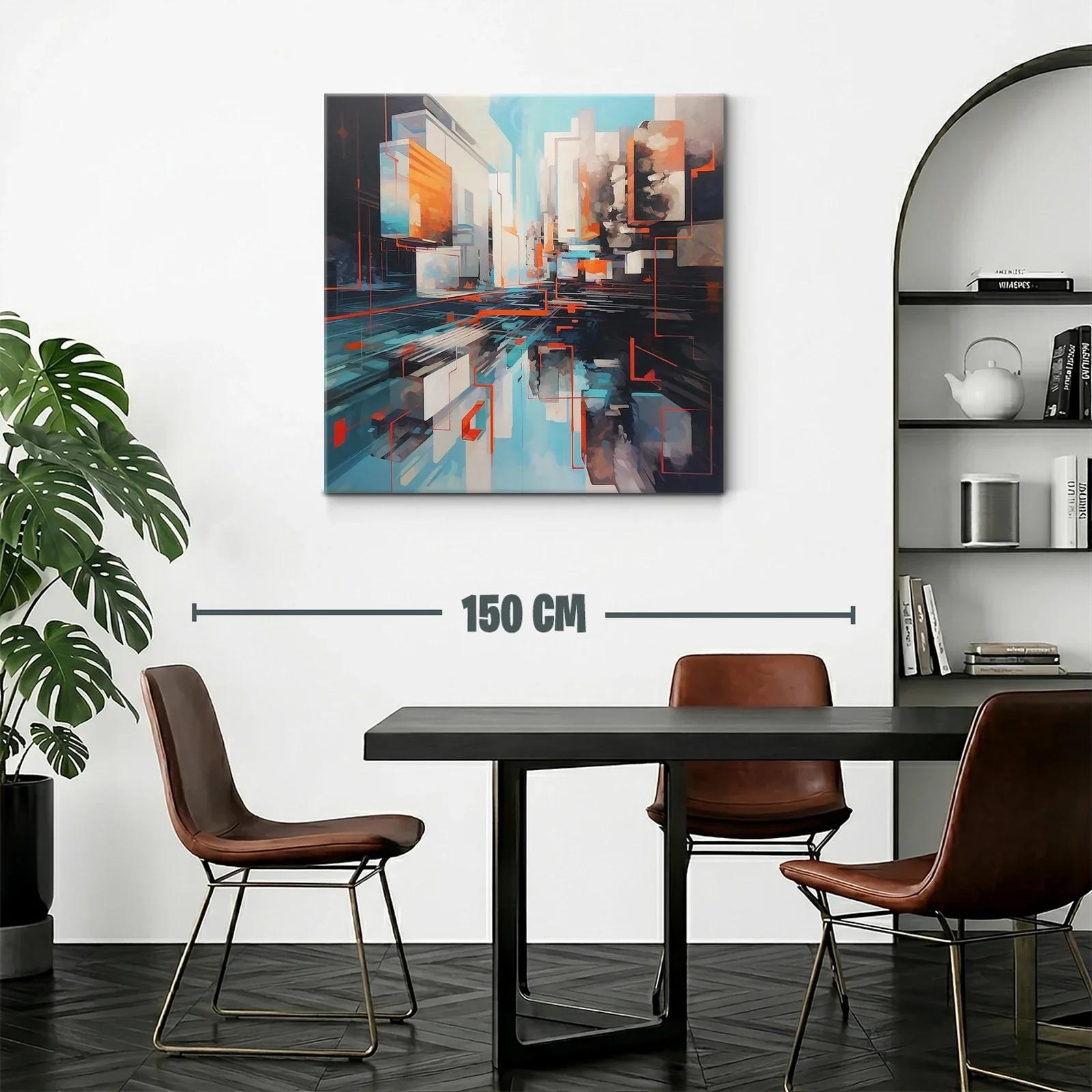 Cuadro abstracto urbano en tonos azules y naranjas vibrantes — miniatura 2