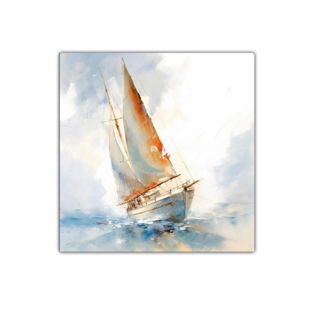 Velero en mar abierto con tonos cálidos y suaves azules