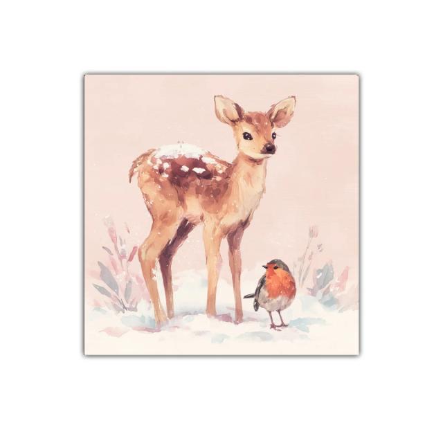 Dulce escena invernal con cervatillo y petirrojo