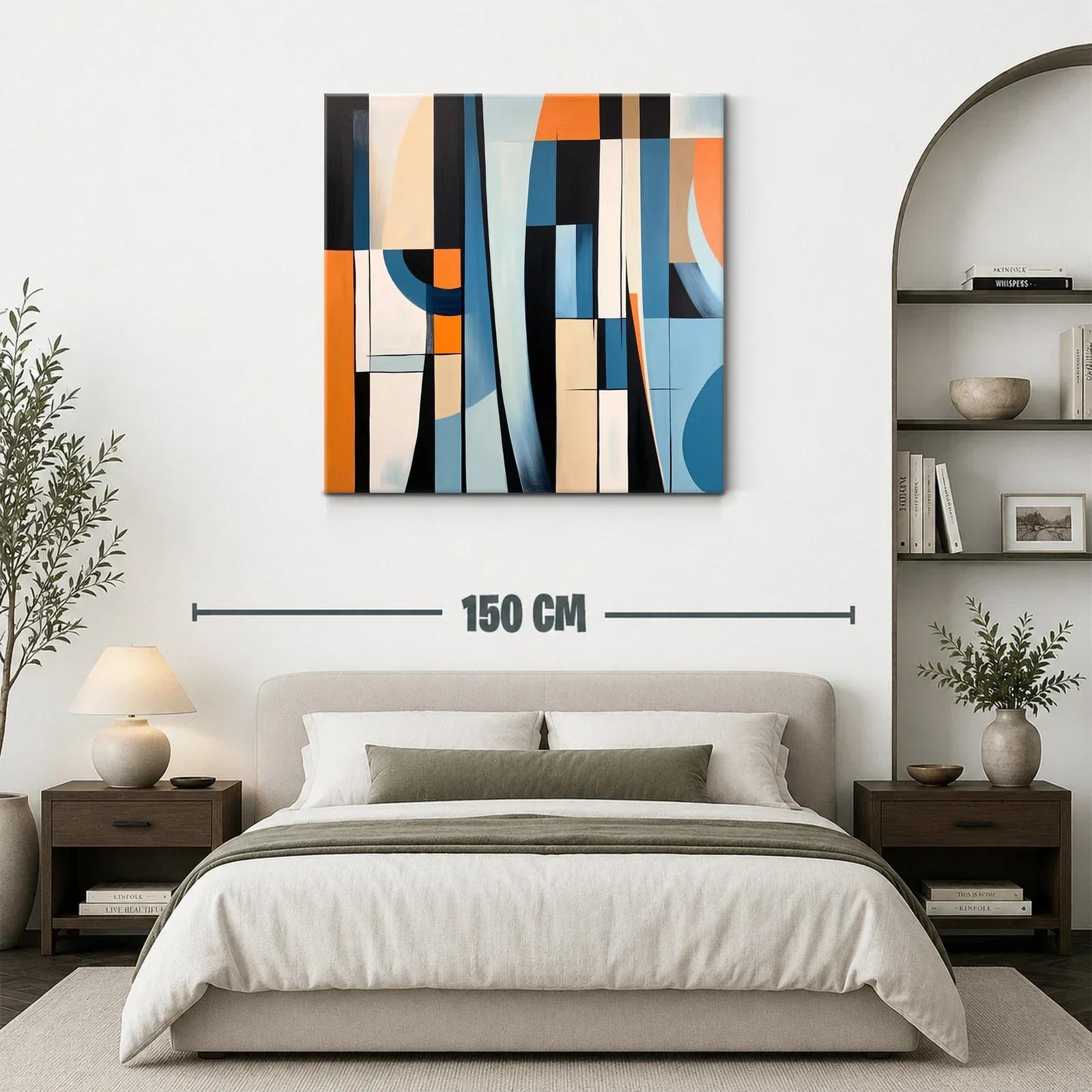Cuadro abstracto con formas geométricas en tonos azul y naranja — miniatura 3