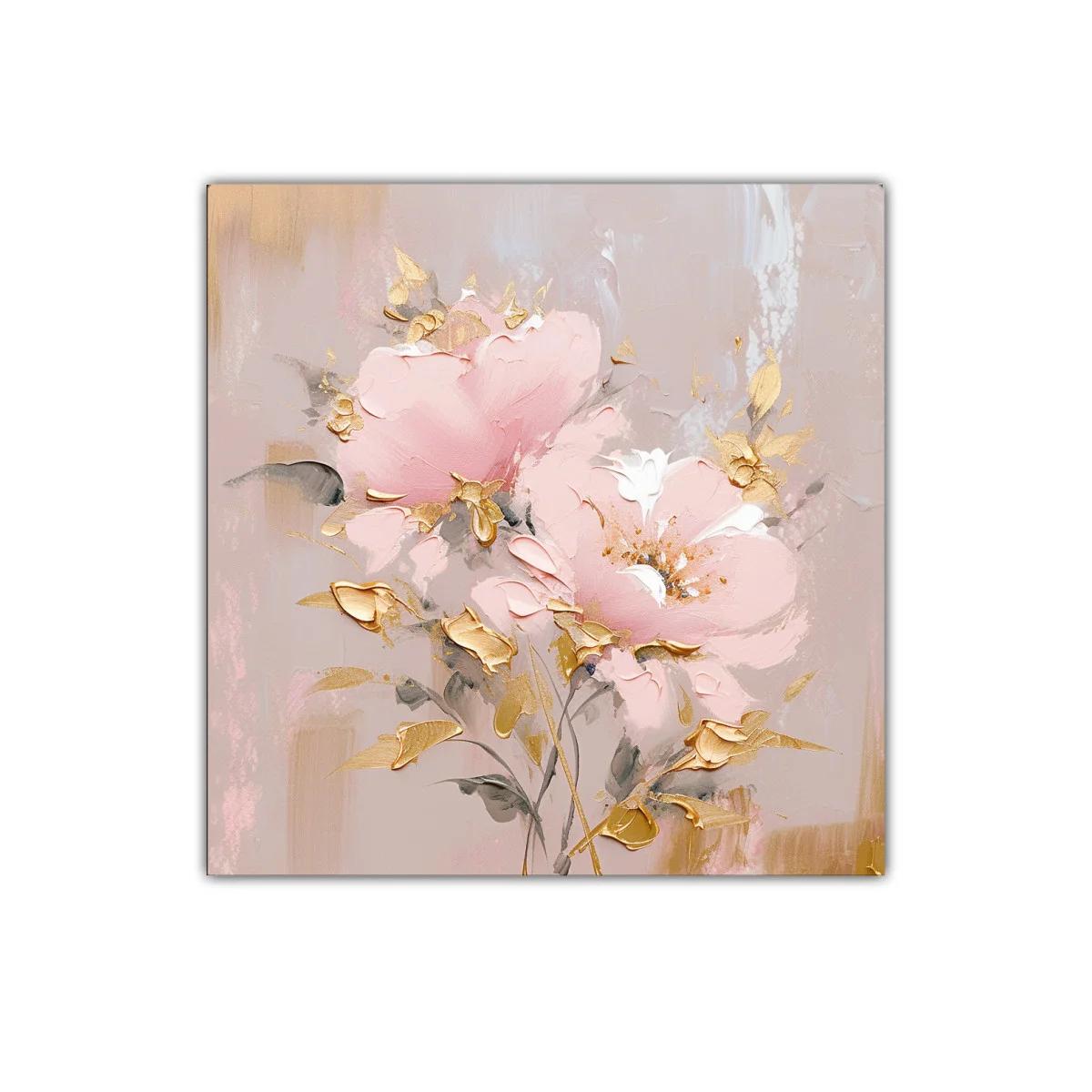 Cuadro floral delicado en tonos rosas y dorados