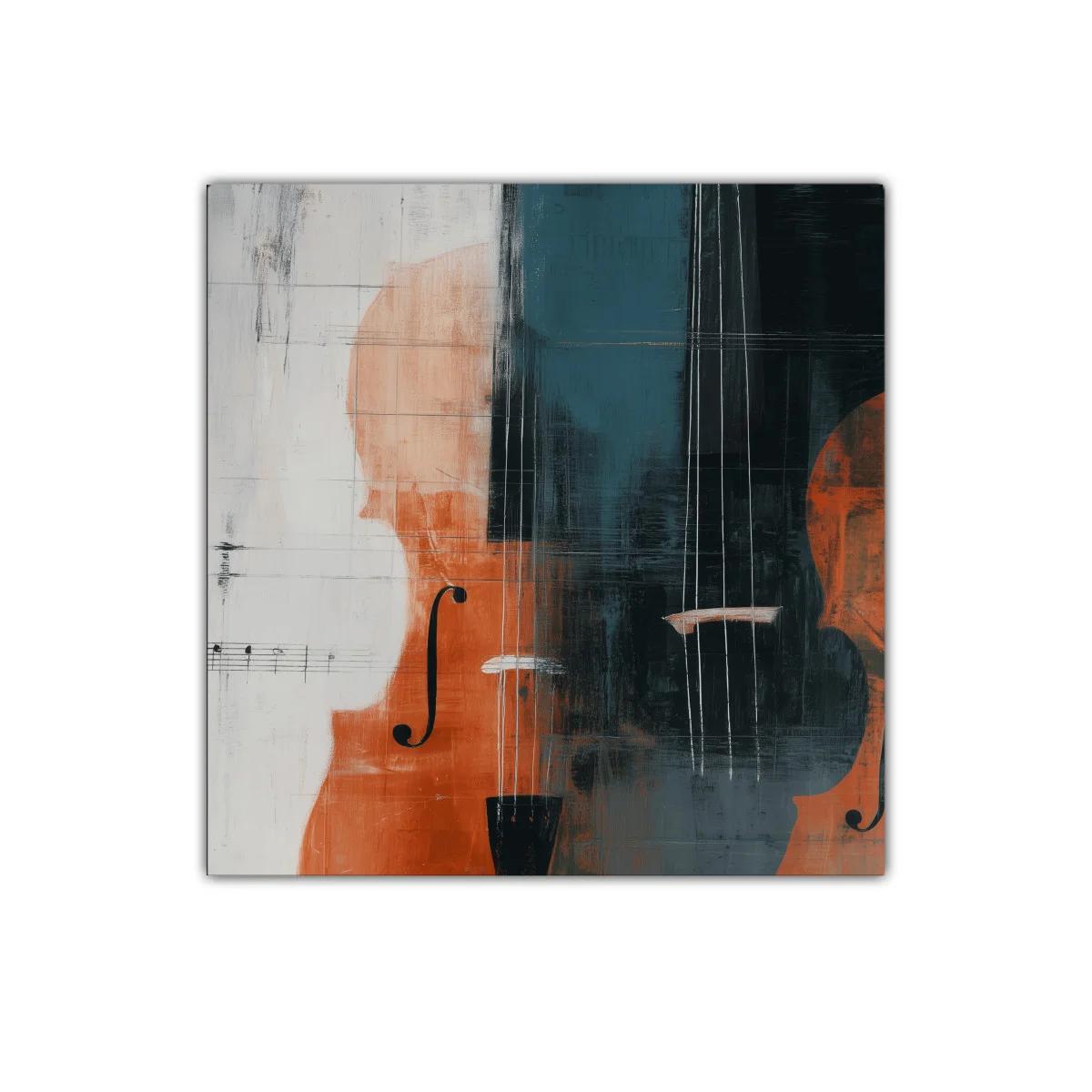 Cuadro abstracto de violonchelos en tonos cálidos y fríos