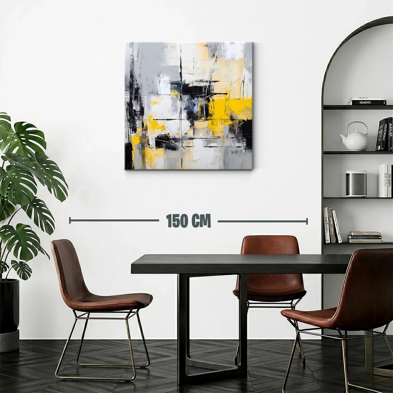 Cuadro abstracto con tonos grises, negros y amarillo vibrante — miniatura 2