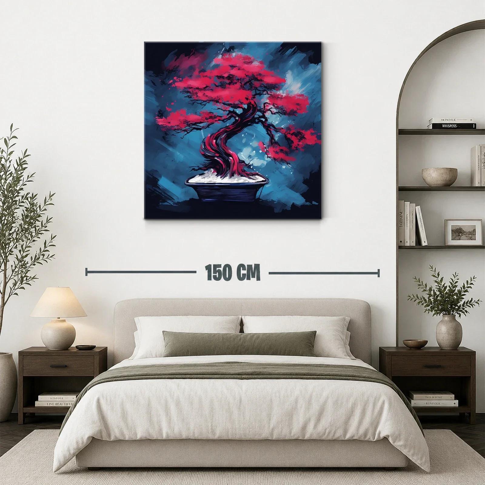 Árbol bonsái rojo intenso sobre fondo azul vibrante — miniatura 3