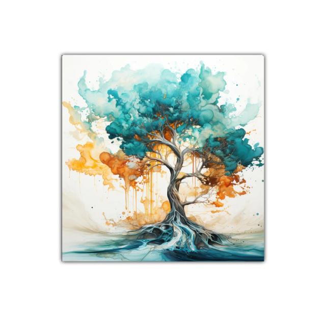 Árbol vibrante con raíces etéreas en tonos azules y naranjas